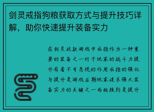 剑灵戒指狗粮获取方式与提升技巧详解，助你快速提升装备实力